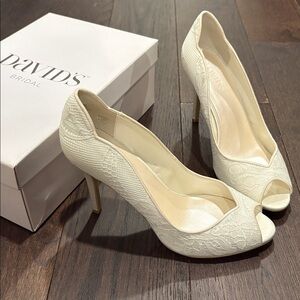 David's Bridal Cream Lace Peep-Toe Heels